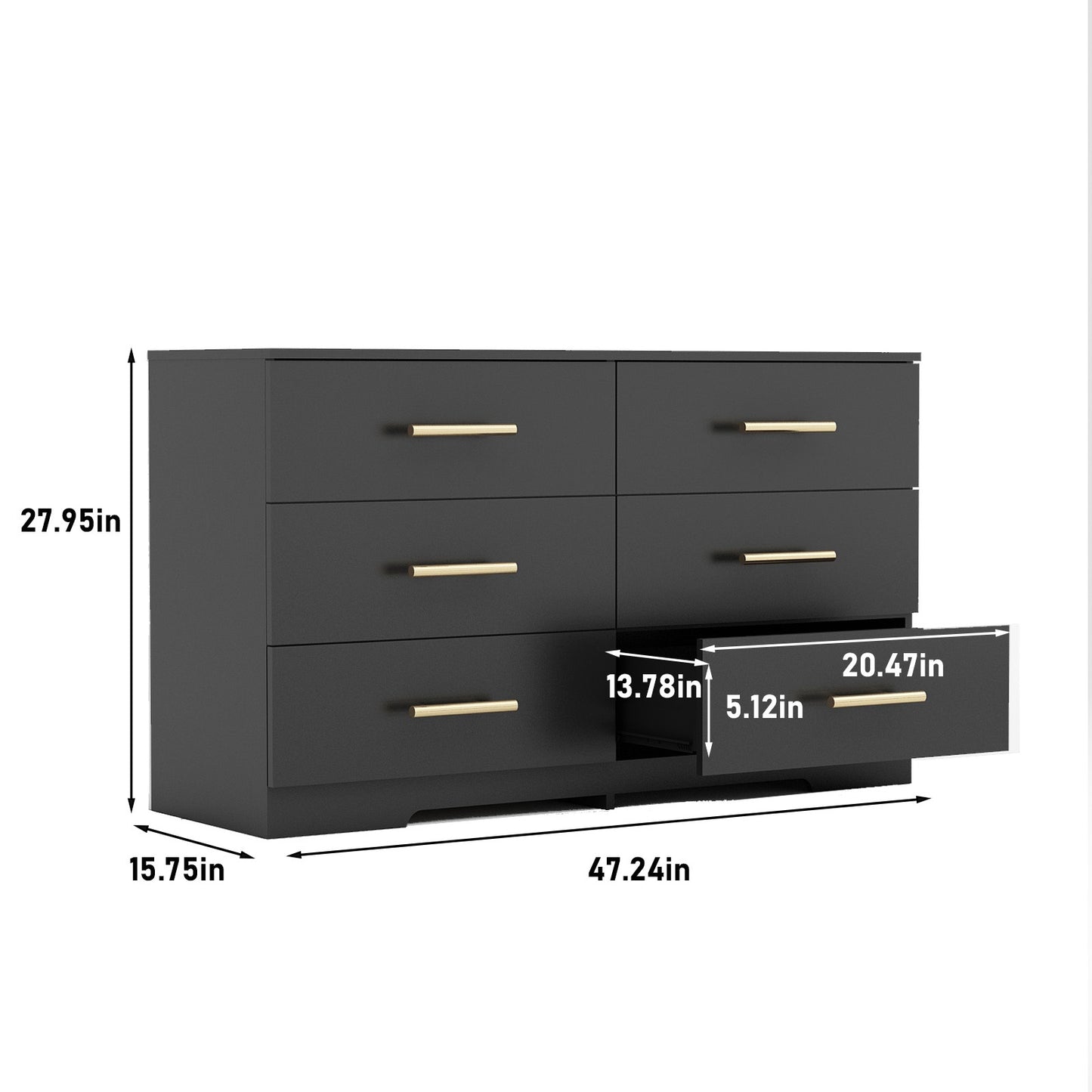 Black Color Large 6 Drawers Chest Of Drawer Dressers Table With Golden Handle