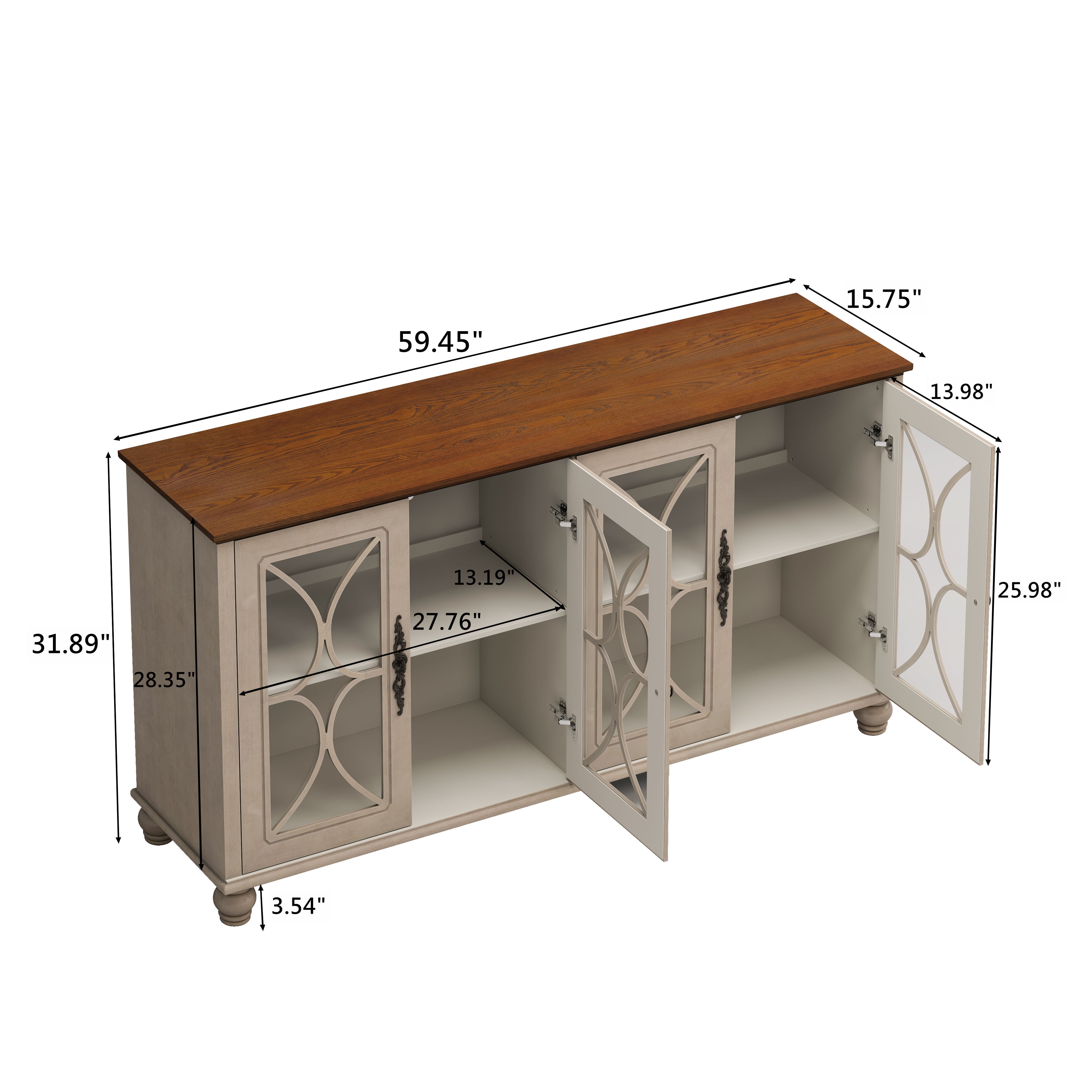 Elegantes europäisches Antiquitäten-Stil 4-Türenschrank mit gehärteten Glastüren, für Esszimmer, Wohnzimmer, Flur, einfache Montage, Beige
