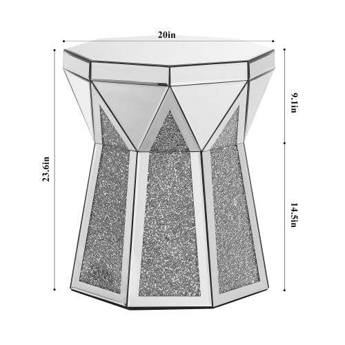 Trommelstil Couchtisch mit Spiegelkristall-Einlage, Polygonal Silber Dekortisch, Modernes Design Luxus Moderne Möbel, 20 Zoll Etwa 50 Zentimeter Niedriger Couchtisch, Geeignet für Wohnzimmer