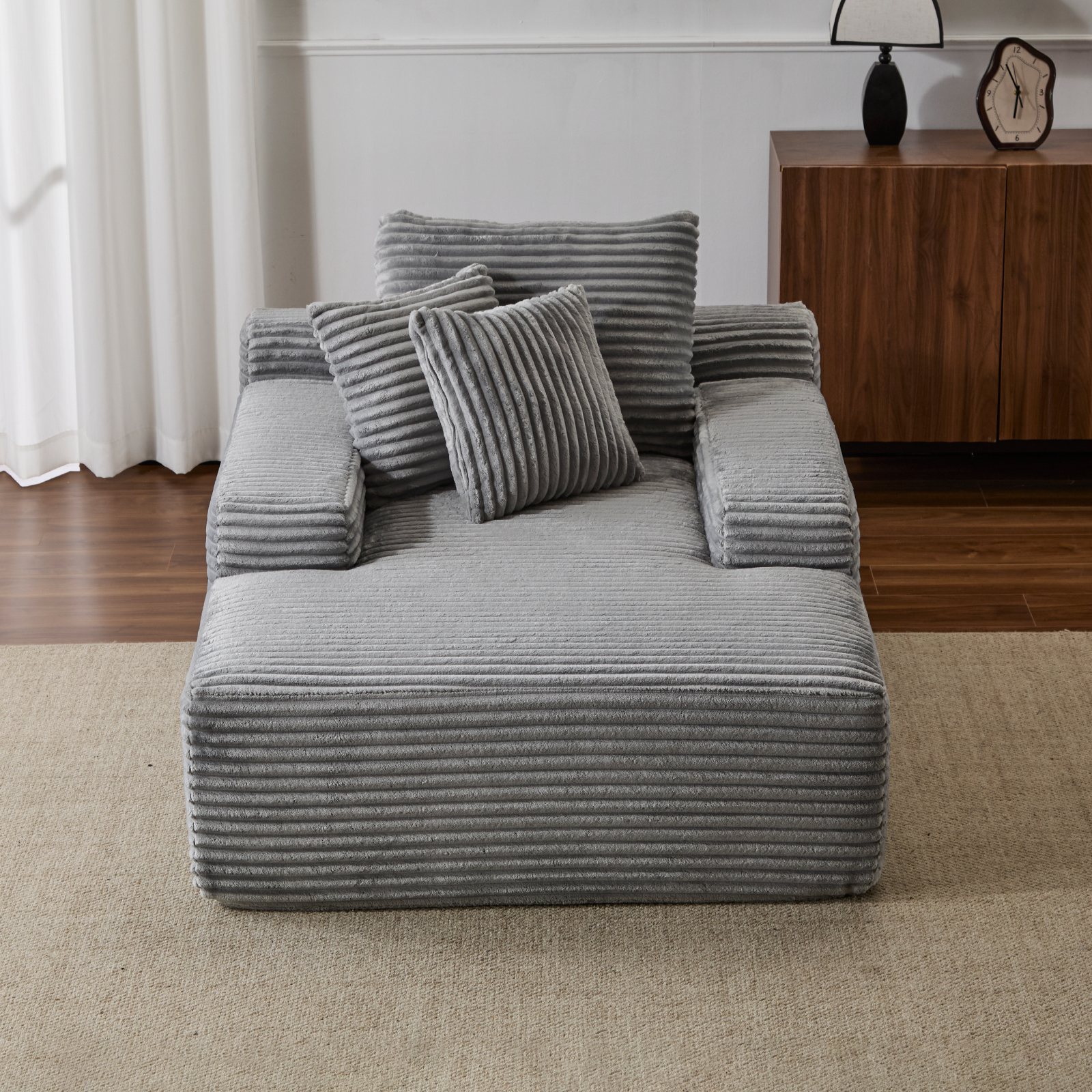 Sillón Chaise Lounge Sobredimensionado Cozy Cloud Couch, Sofá Cama Desmontable Moderno con Tapicería de Terciopelo Acanalado Mullido con 3 Cojines Decorativos y Reposabrazos Anchos para Sala de Estar, Sin Ensamblaje Requerido, Gris