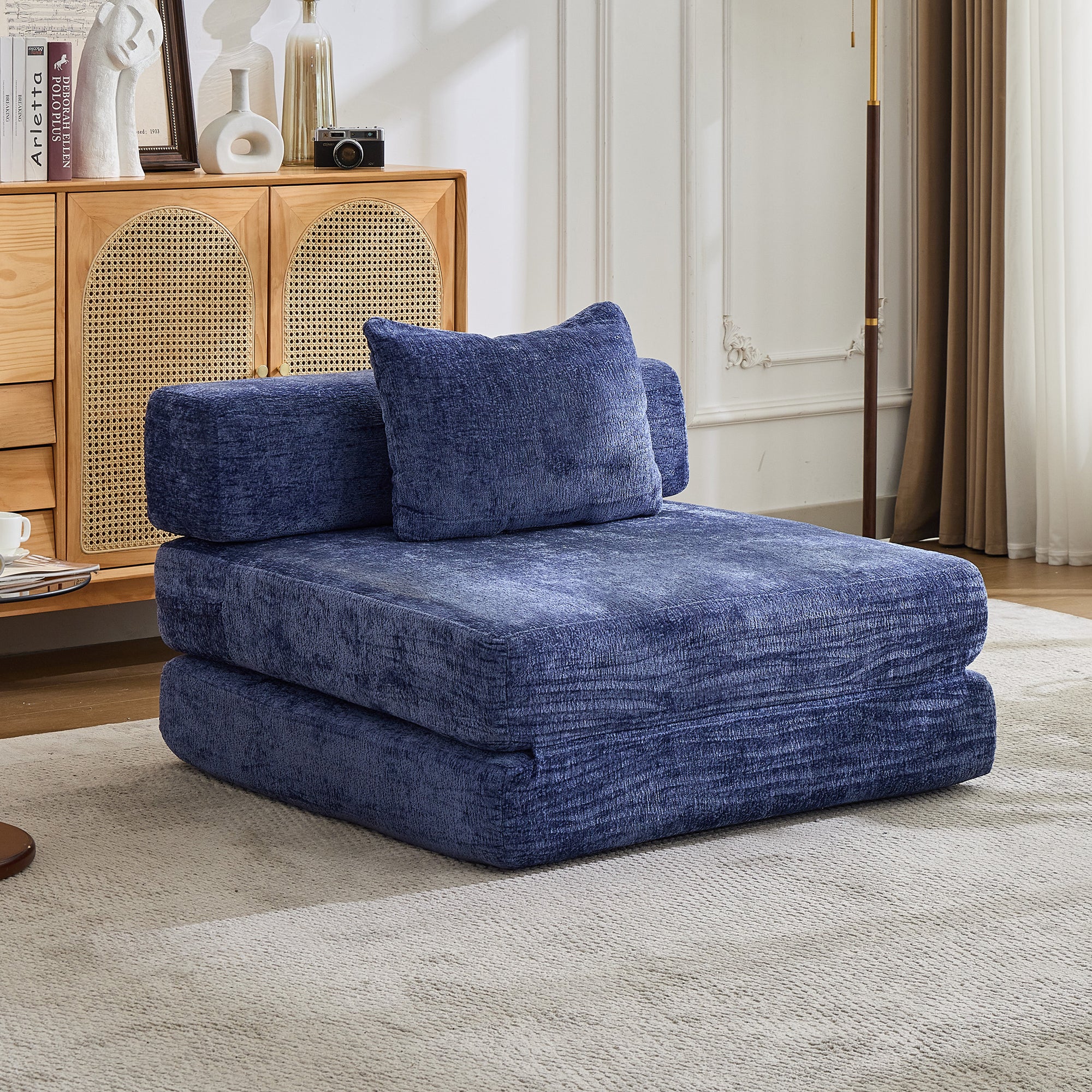 Sofá de Compresión, Sofá Cama Convertible para el Suelo con Marco de Forma Fija, Sofá Seccional Modular sin Huesos para una Persona, Sin Ensamblaje Requerido, Tela de Chenille, para Sala de Estar y Dormitorio, Azul Oscuro