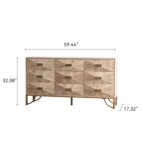 Cómoda de 9 cajones, Cómodas y cajoneras modernas, Soporte para TV, Cómoda de madera clara para dormitorio, sala de estar, pasillo