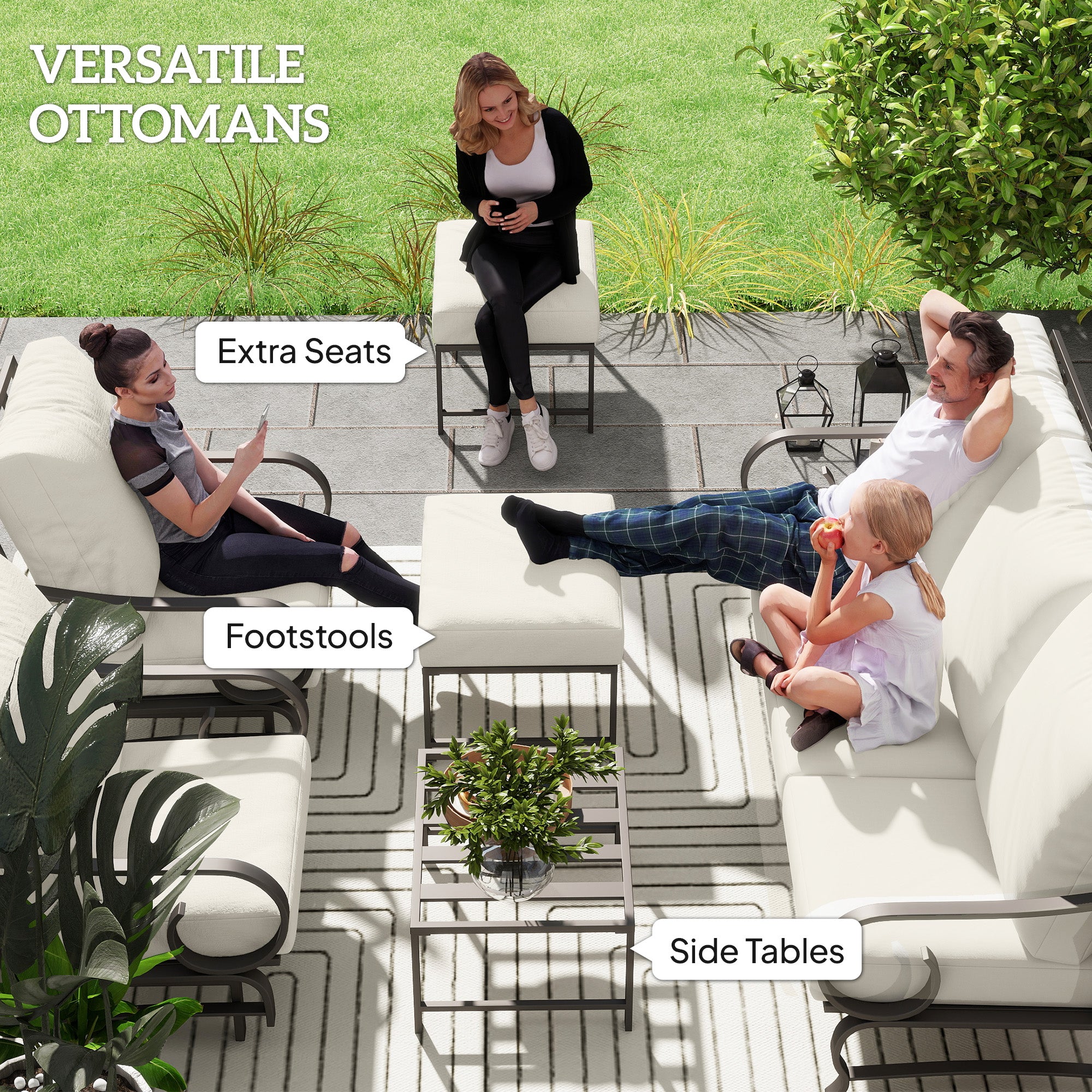 Conjunto de 5 Piezas de Muebles para Patio Trasero, Conjunto de Muebles de Exterior con 2 Sillas Mecedoras, Sofá de 3 Plazas y 2 Otomanos, Beige