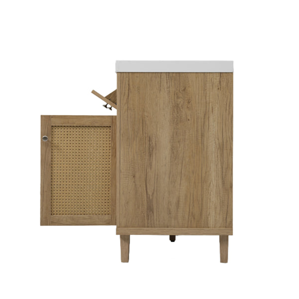 Tocador de Baño de 60 Pulgadas con Doble Lavabo (Lavabo SMC), Amplio Espacio de Almacenamiento con 2 Bandejas Plegables / Cajones Extensibles y 4 Puertas de Cierre Suave, Patas de Madera Sólida y Perillas de Metal Plateado, Color de Madera