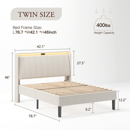 Platform Bed Frame With Fabric Upholstered Headboard And Wooden Slats Support, Fully Upholstered Mattress