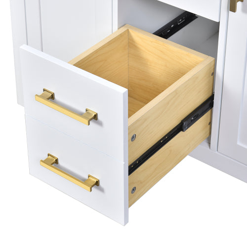 36'' Badezimmer-Waschständer mit Keramik-Waschbecken-Kombinationsset, moderner freistehender einzelner Badezimmerschrank mit 4 Schubladen & 2 Schränken, Stauraumschrank für das Badezimmer, Waschständer-Set mit massivem Holzrahmen, weiß