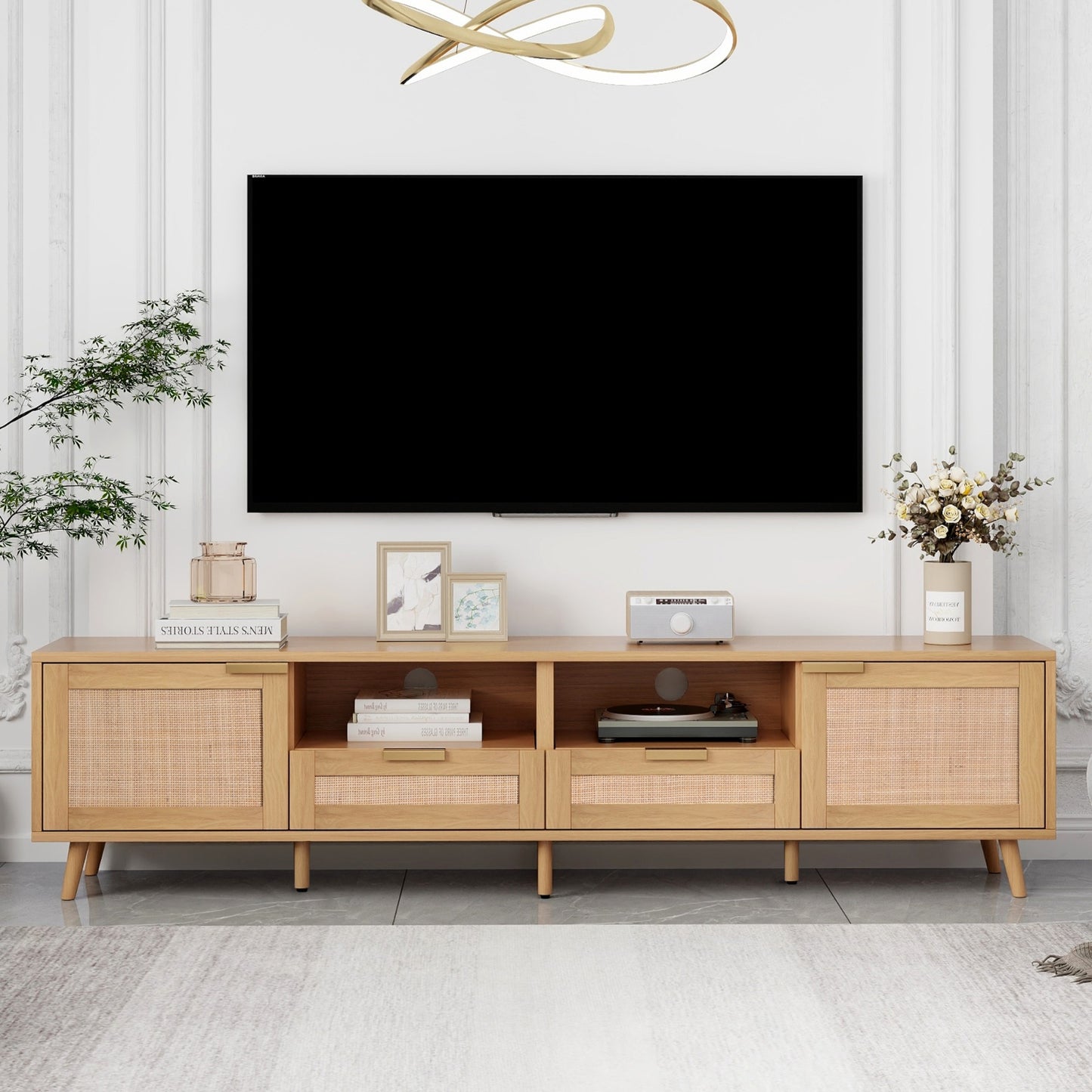 Rattan TV Stand For TVs Up To 85'', Modern Farmhouse Media Console Center