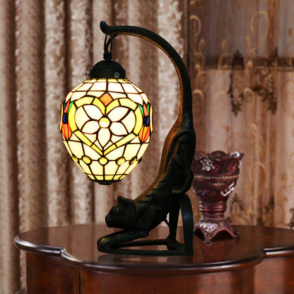Bronze Finish Tiffany Style Hand Cut Glass Cat Nightstand Lamp with Flower Pattern