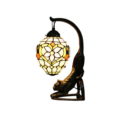 Bronze Finish Tiffany Style Hand Cut Glass Cat Nightstand Lamp with Flower Pattern