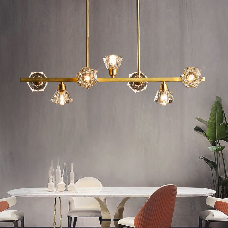 DecorBites™ Diamond Crystal Brass Pendant with 7 Lights - Linear Restaurant Island Lamp