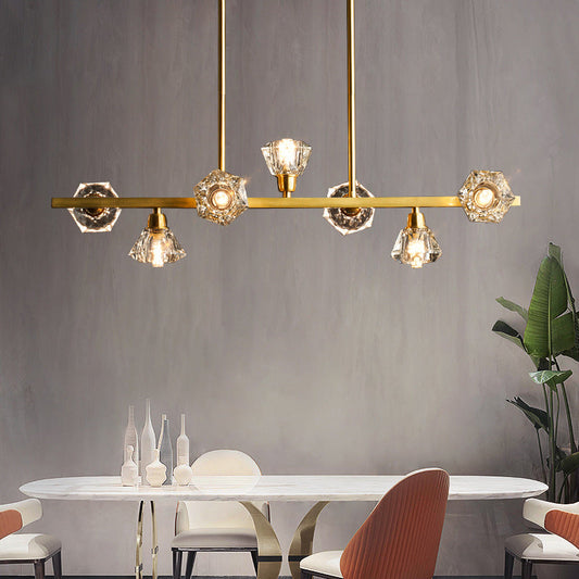 DecorBites™ Diamond Crystal Brass Pendant with 7 Lights - Linear Restaurant Island Lamp