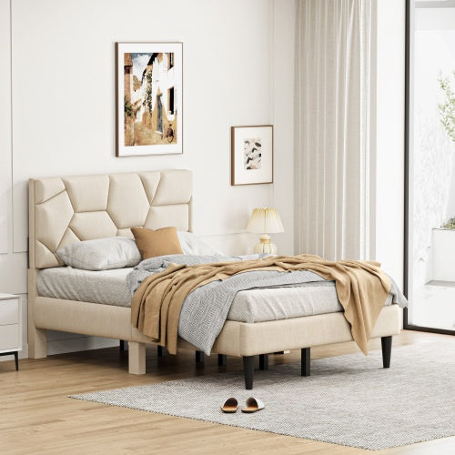 Beige Linen Storage Bed Rubber Wood Frame