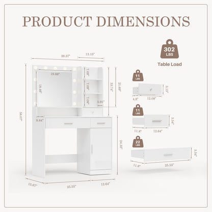 Dressing Table And Mirror, Dressing Table And Bedroom Dressing Table With 3-color Light Options For Adjustable Brightness, White