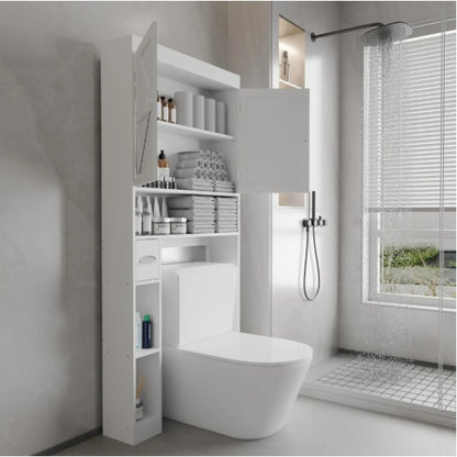 Over The Toilet Storage Cabinet With 2 Door  Home Space Saving Toilet Rack, Farmhouse Style For Bathroom, Restroom, Laundry