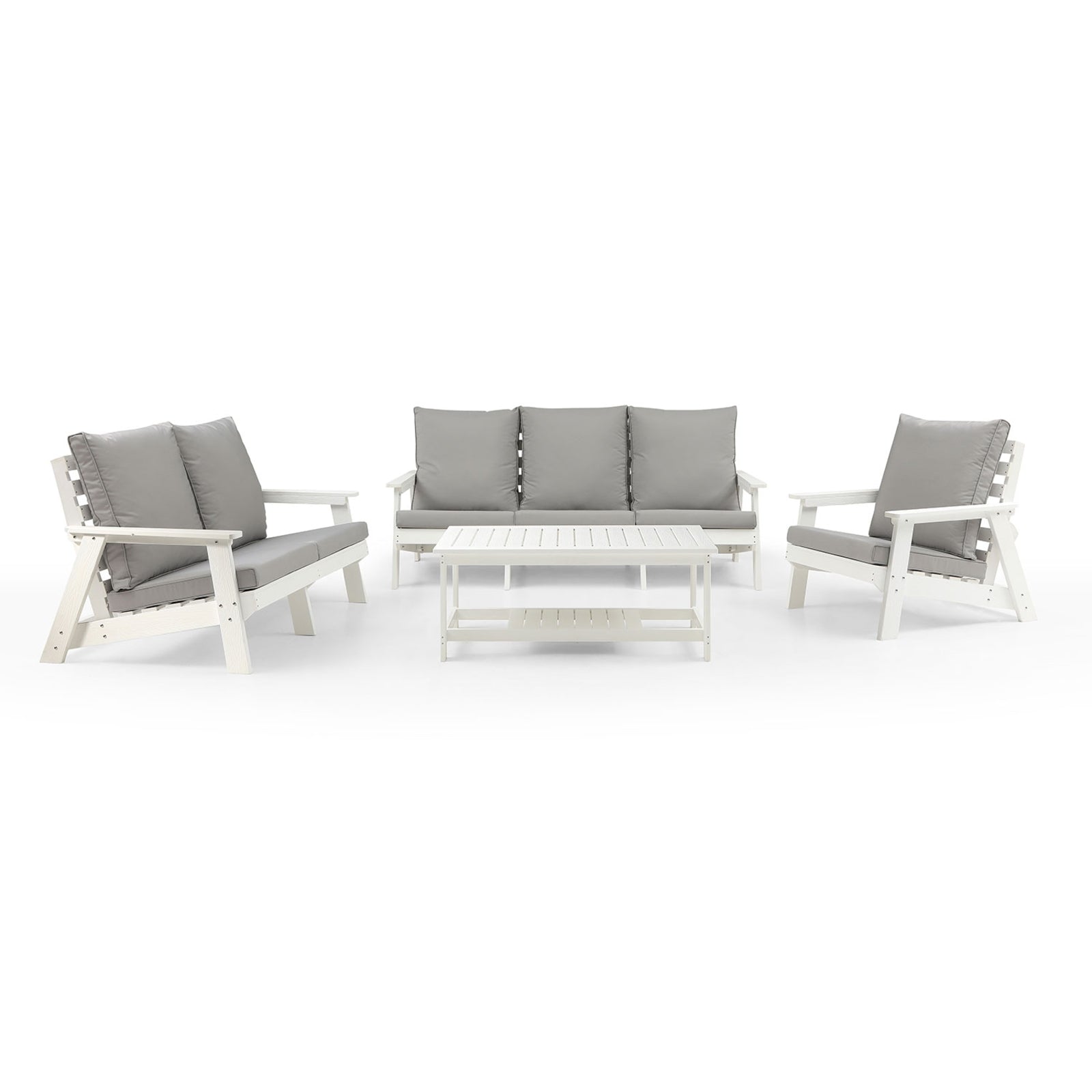 Sofá de 3 plazas HIPS con cojines, sofá de jardín exterior con grano de madera, blanco gris
