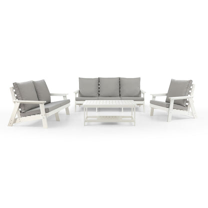 HIPS 3 Seater Sofa With Cushion, Wood Grain Outdoor Garden Sofa,White Grey