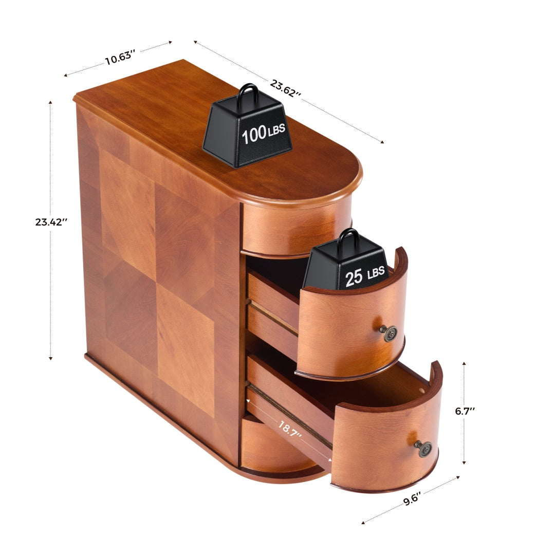 Mesa de Apariencia Lateral con 2 Cajones, Mueble de Noche Alto Mesa de Noche Vintage para Cama sin Ensamblaje Apariencia Nocturna con Borde Curvo Espacio de Almacenamiento
