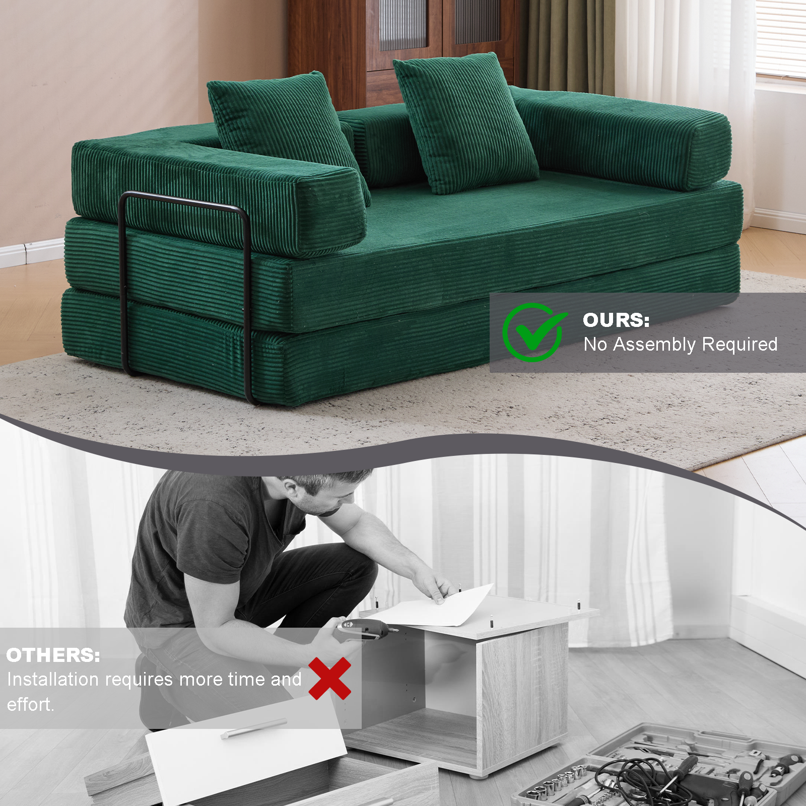 Sofá de Suelo, Sofá de Compresión, Sofá Cama Convertible de Suelo - con Soporte de Espalda en Almohada y Reposabrazos, Sofá Futón Cómodo para Reposar Cama para Dormir, Tela de Corduroy, para Sala de Estar y Dormitorio en Verde Oscuro