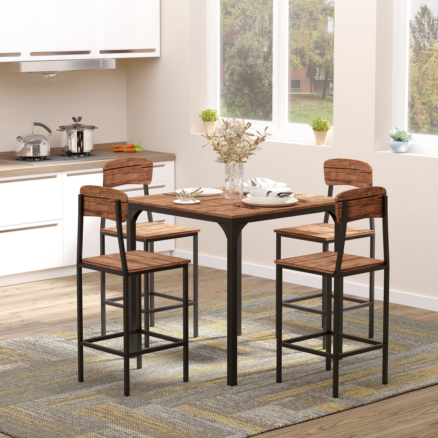 Dining Table Set 5-Piece Modern Counter Height With 4 Chairs Walnut