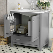 30 Zoll Graues Badezimmer-Waschbecken mit Einzelsenkbecken, Kombi-Schranksenkbecken, Badezimmer-Aufbewahrungsschrank mit 2 Türen und einer Schublade, weiches Schließen, multifunktionale Aufbewahrung, Rahmen aus Massivholz