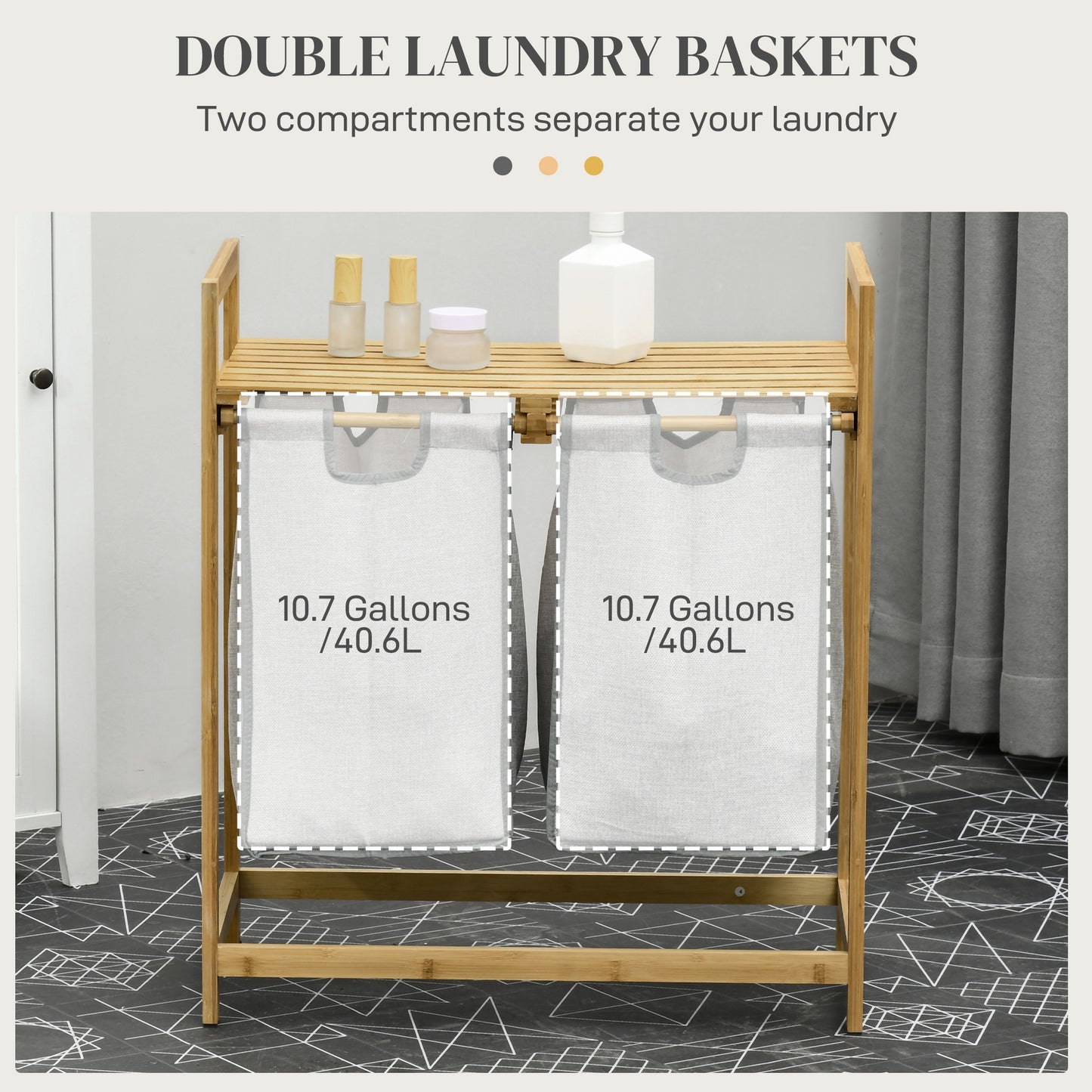 Bamboo Laundry Basket, Double Laundry Hamper with Shelf, 2 Pull-Out and Removable Bags, Natural Wood and Dark Gray