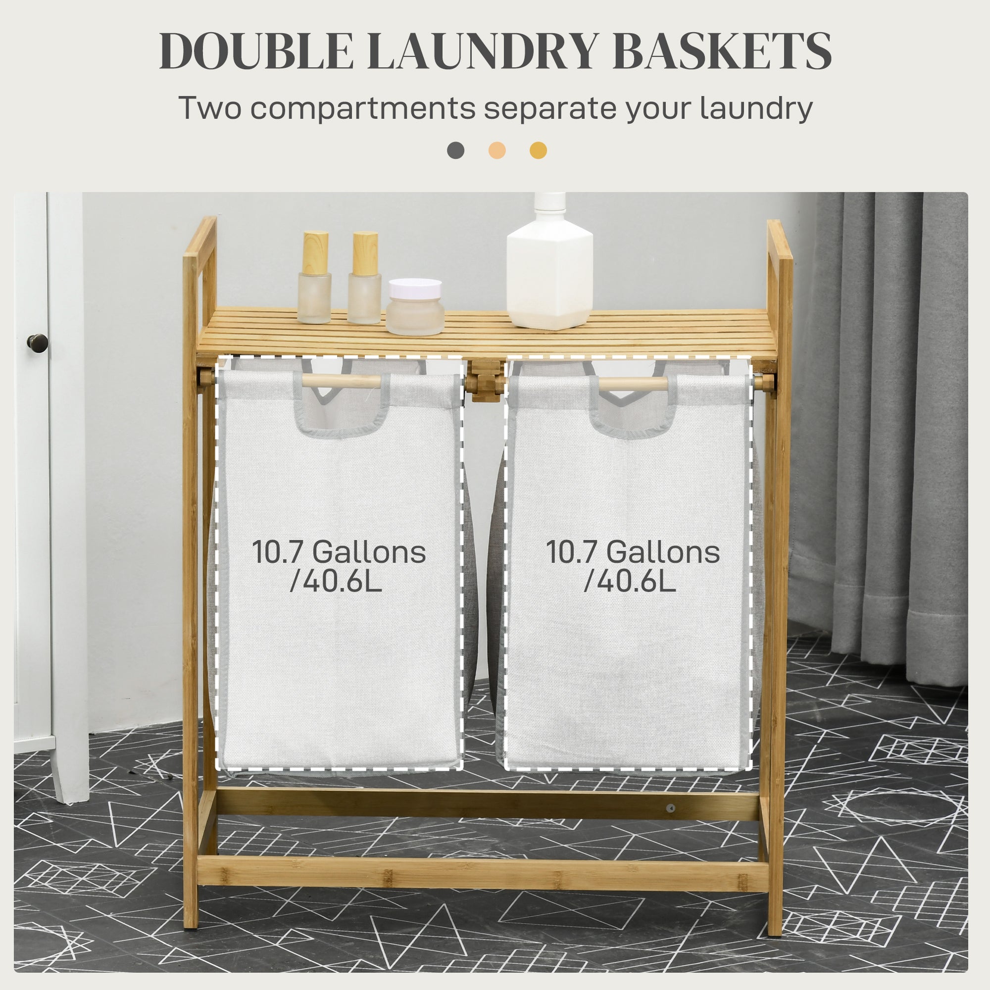 Bambus-Wäschekorb, Doppeltes Wäschegestell mit Regal, 2 herausziehbare und herausnehmbare Taschen, natürliches Holz und Dunkelgrau