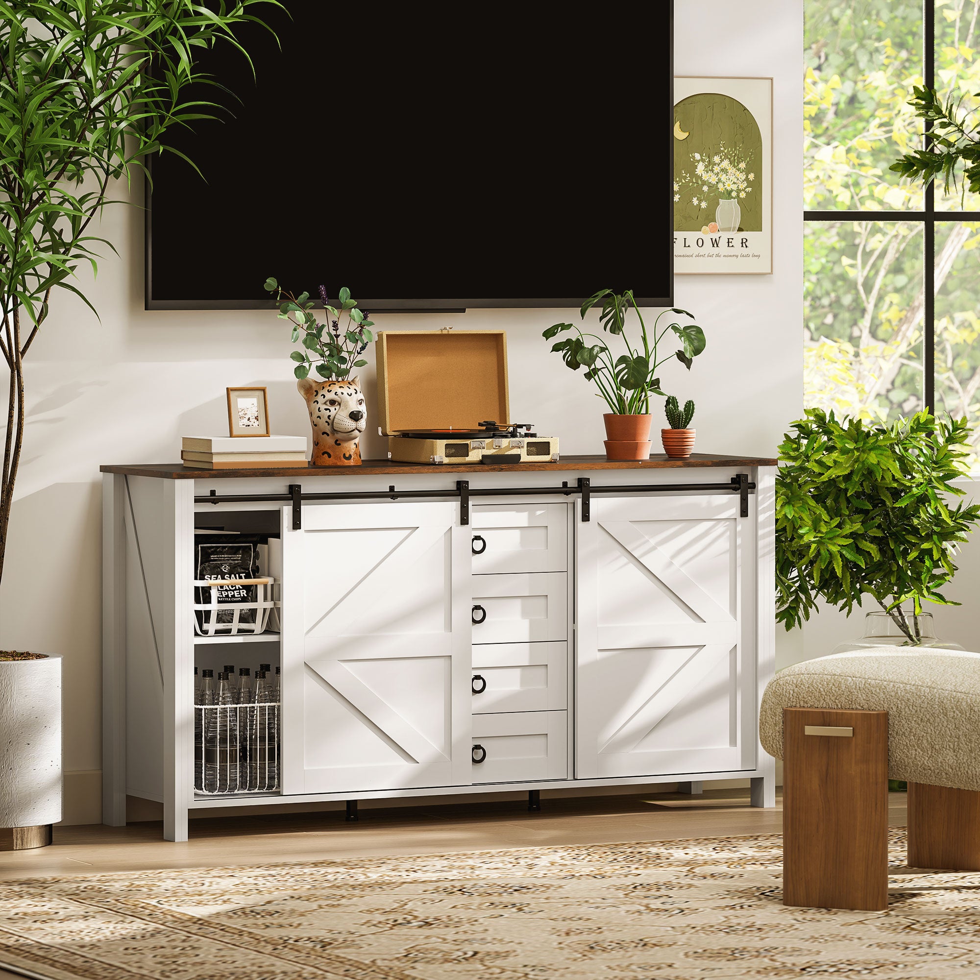 Gabinete Buffet de 60, Aparador de Estilo Granja con Puertas Correderas de Establo, Cajones y Estantes Ajustables, Blanco Crema Desgastado