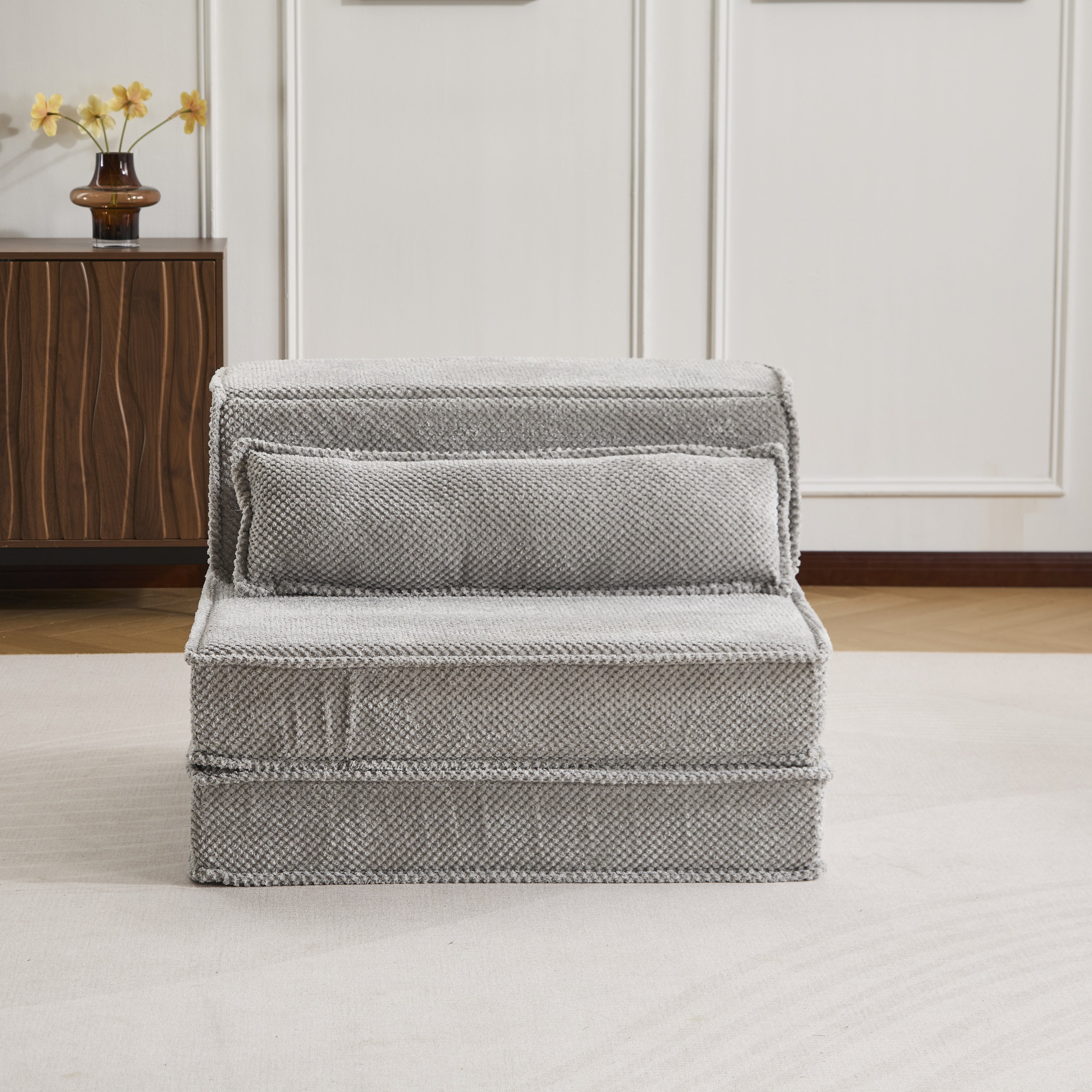Sofá Mahjong de Compresión, Sofá Cama Convertible para el Suelo, Sofá Seccional Modular sin Huesos DIY, Sin Ensamblaje Requerido, Tejido de Lana de Círculo, Sofá Individual Sobredimensionado con 1 Almohada, Gris Claro