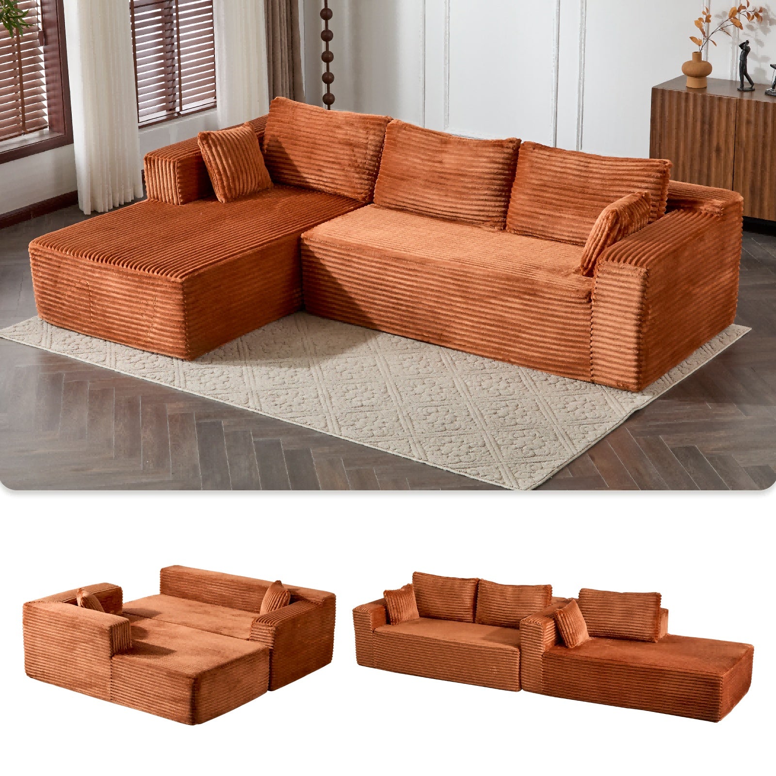 Sofá Seccional de Compresión con Chais Cómodo, Sofá en Forma de L sin Estructura Ósea con Asiento Profundo, Sofás Modulares Minimalistas con Función de Cama para Sala de Estar, Dormitorio, Apartamento o Sala de Recreo, Terciopelo Cordoné, Marrón