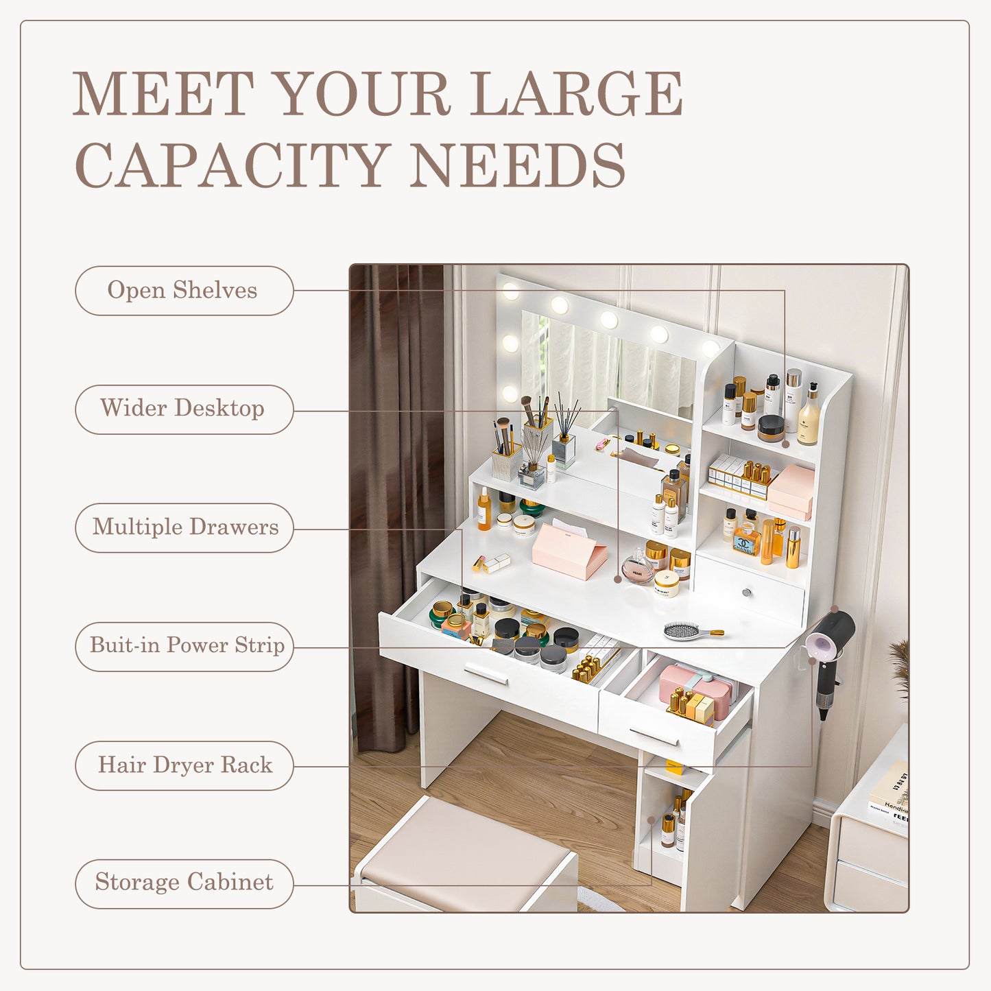 Dressing Table And Mirror, Dressing Table And Bedroom Dressing Table With 3-color Light Options For Adjustable Brightness, White