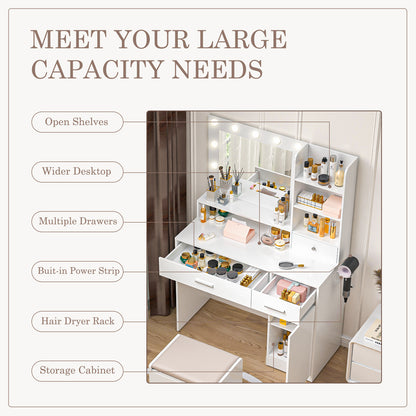 Dressing Table And Mirror, Dressing Table And Bedroom Dressing Table With 3-color Light Options For Adjustable Brightness, White