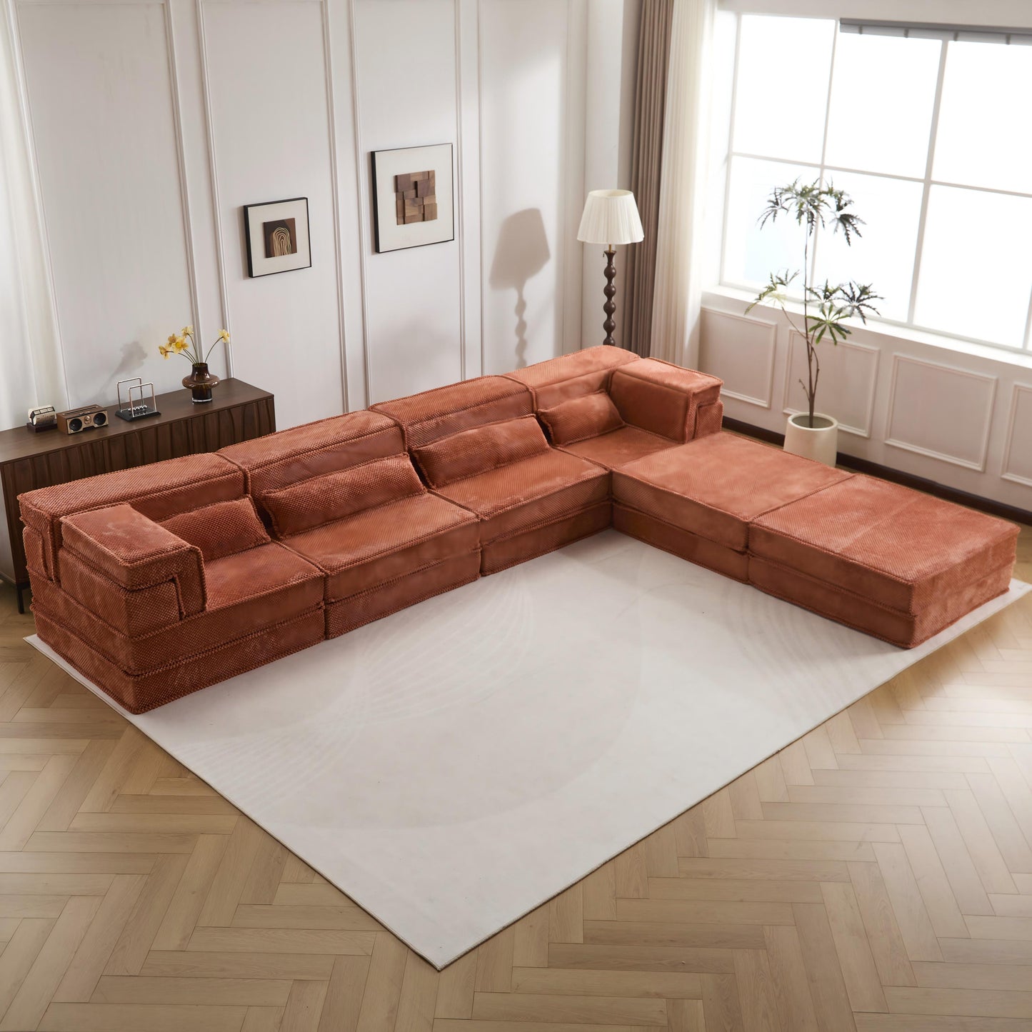 Compression Mahjong Sofa,Convertible Floor Sofa Bed,DIY Boneless Modular Sectional Sofa,No Assembly Required,Circle Fleece Fabric,Oversized 4 Seater With 2 Ottoman,Orange