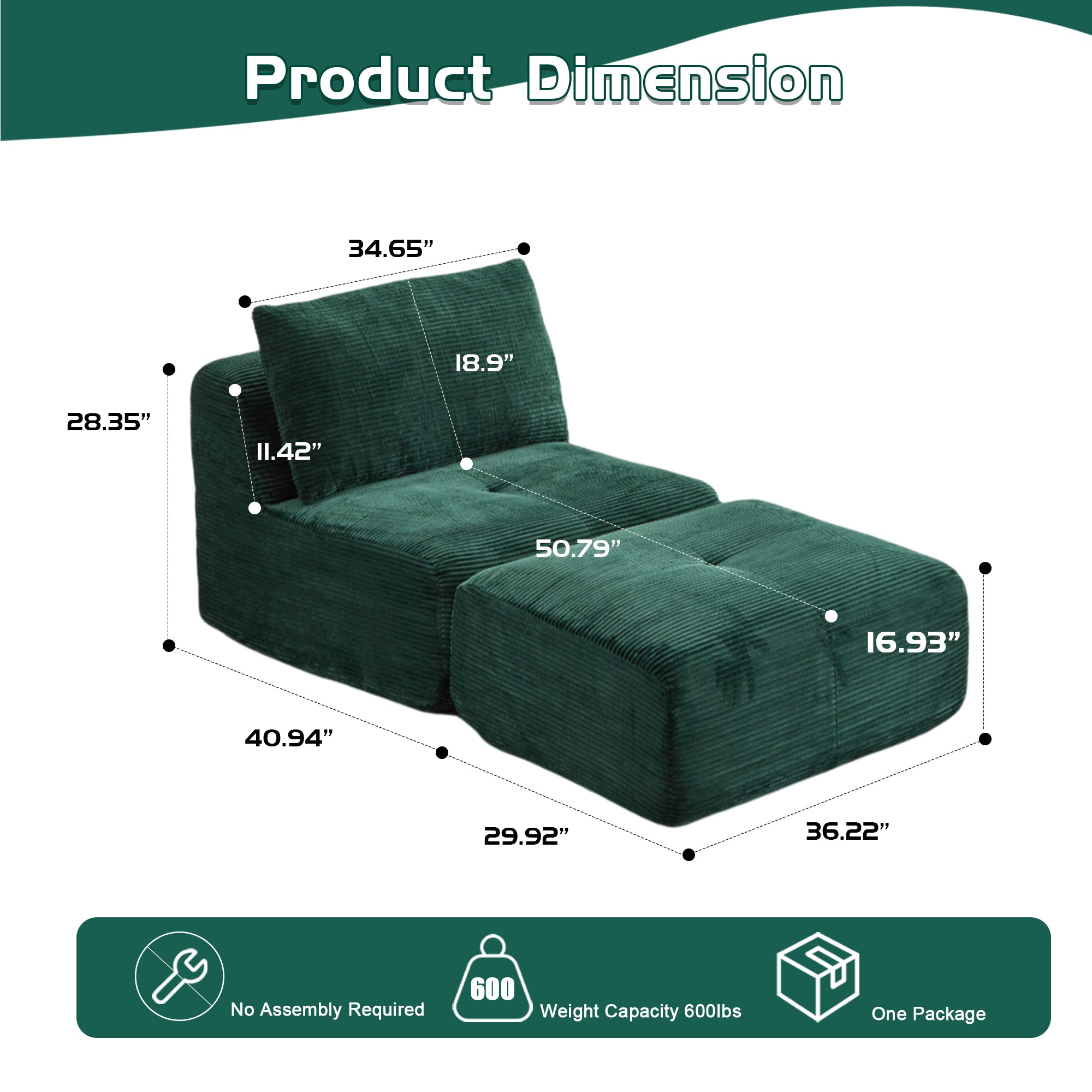 Sofá Comprimido de Espuma de Memoria Moderna, Chaise Longue Individual para Sala de Estar, Sofá Seccional Modular Amigable con Mascotas en Forma de Nube, Tela de Corduroy, Otomana Móvil, Sin Ensamblaje Requerido, Verde