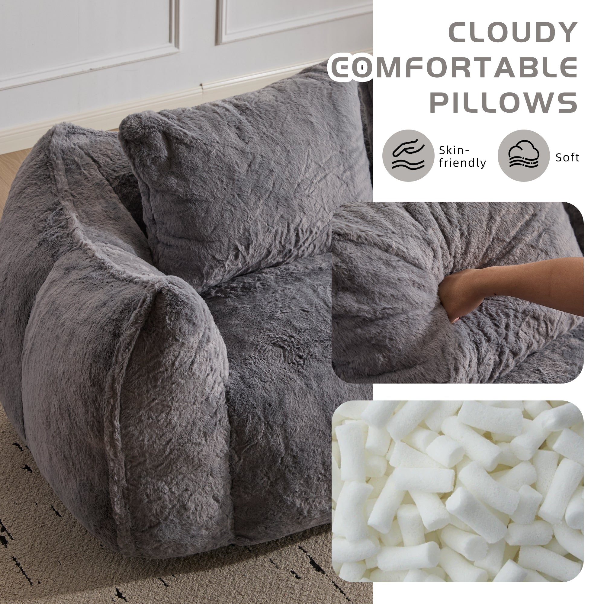 Sofá Gigante de Puf para Adultos, Sofá de Puf Loveseat Ultra Suave y Esponjoso, Silla de Reposo Oversized para Interiores en Sala de Estar o Dormitorio, No Requiere Ensamblaje Silla de Lectura Acogedora con Almohadas, Gris