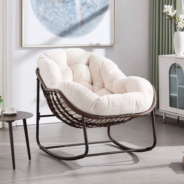 Silla Mecedora de Mimbre Exterior, Silla Mecedora Reclinable con Cojín Acolchado para Exterior en Pórtico Delantero, Sala de Estar, Terraza, Jardín, Blanco-Prohibida su Venta en la Plataforma Temu