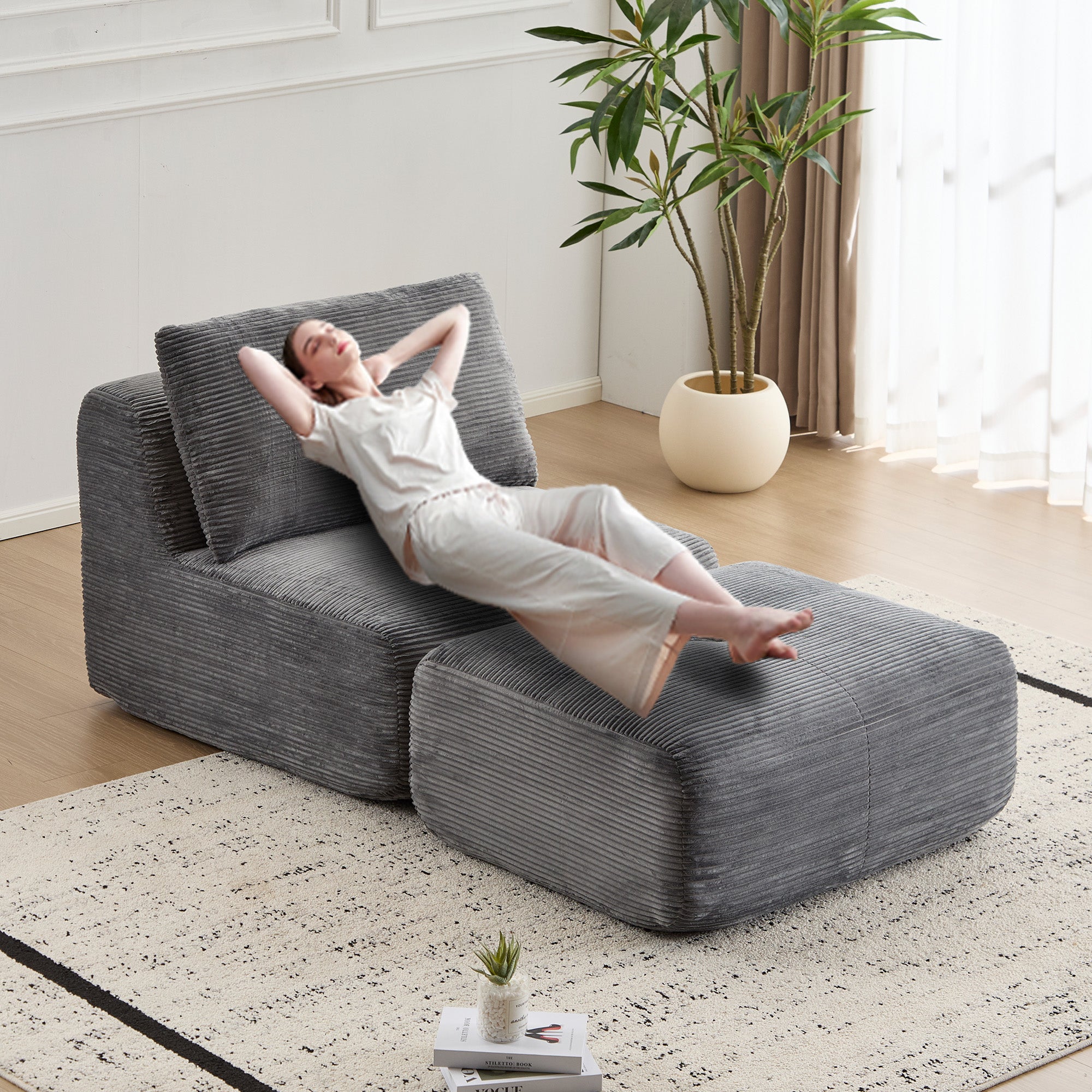 Sofá Comprimido de Espuma de Memoria Moderna, Chaise Longue Individual para Sala de Estar, Sofá Seccional Modular en Forma de Nube Apto para Mascotas, Tela de Corduroy, Otomana Móvil, Sin Ensamblaje Requerido, Gris