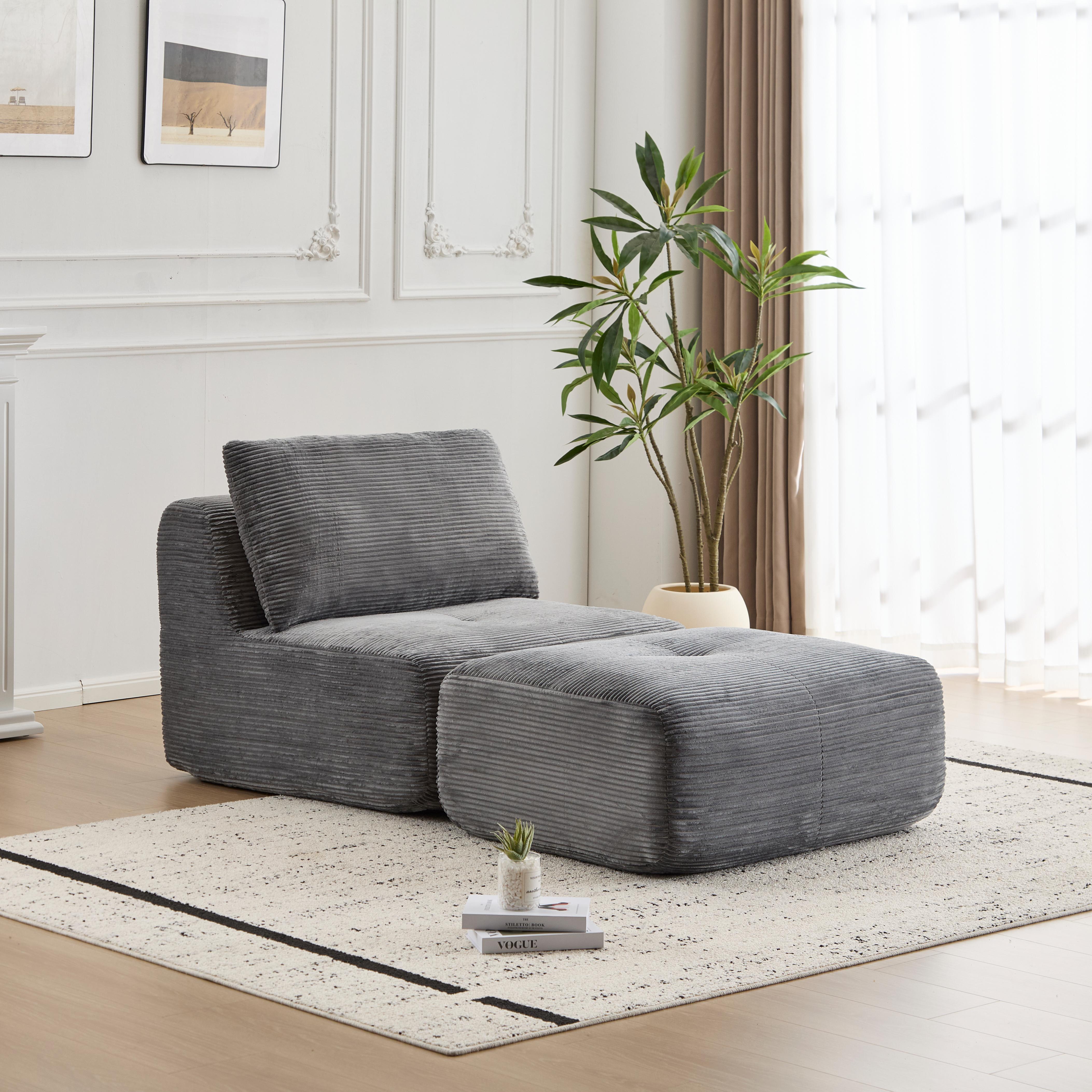 Sofá Comprimido de Espuma de Memoria Moderna, Chaise Longue Individual para Sala de Estar, Sofá Seccional Modular en Forma de Nube Apto para Mascotas, Tela de Corduroy, Otomana Móvil, Sin Ensamblaje Requerido, Gris
