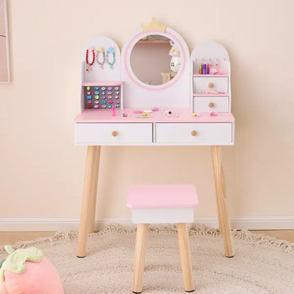 White And Pink Crown Element, MDF + Particleboard + Solid Wood Legs, Painted And Melamine Laminated, 4-drawer Children's Dressing Table Set