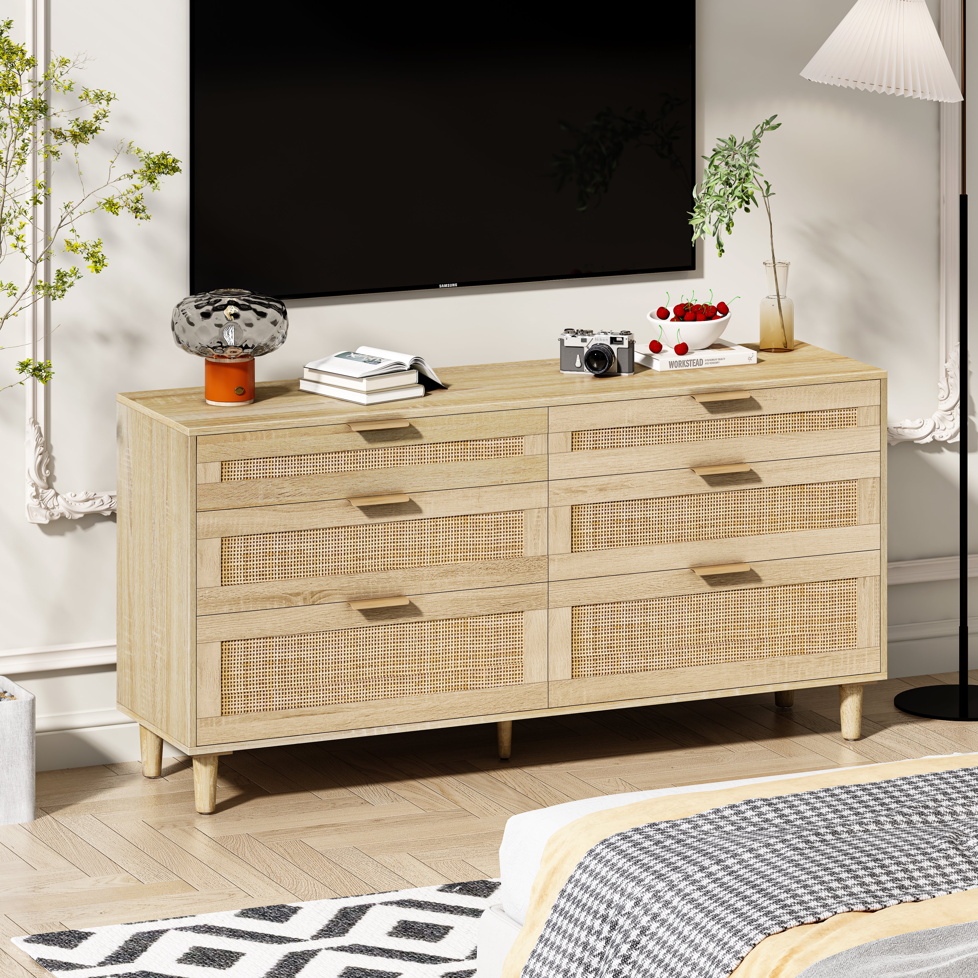 59 Rattan-Kommode mit Schubladen, 6-Schubladen-Kommode für das Schlafzimmer, Kleiderschrank für das Schlafzimmer, Metallgriff Holzbeine für Flur, Wohnzimmer, Schlafzimmer, natürlich
