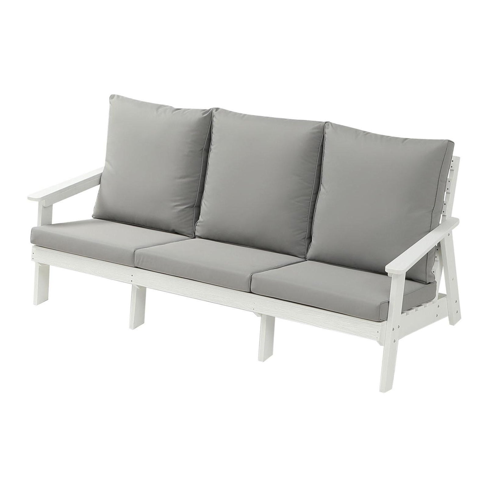 Sofá de 3 plazas HIPS con cojines, sofá de jardín exterior con grano de madera, blanco gris