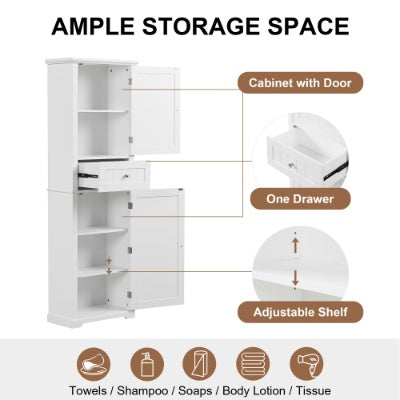 Hohes Badezimmerschrank, Freistehender Stauraumschrank mit Schublade und einstellbarem Regal, MDF-Platte mit lackierter Oberfläche