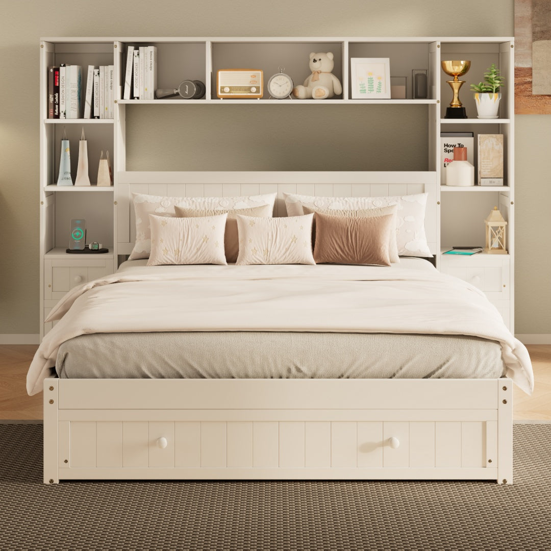 Königliche Größe Kiefernholz-Platform-Bett mit All-in-One 2 Nachttischen, Stauraum-Regal und Schrank-Bücherregal mit 2 Ladeeinrichtungen, Multifunktionales Kapitäns-Bettgestell mit 3 Schubladen, Kein Boxspring-Fundament erforderlich