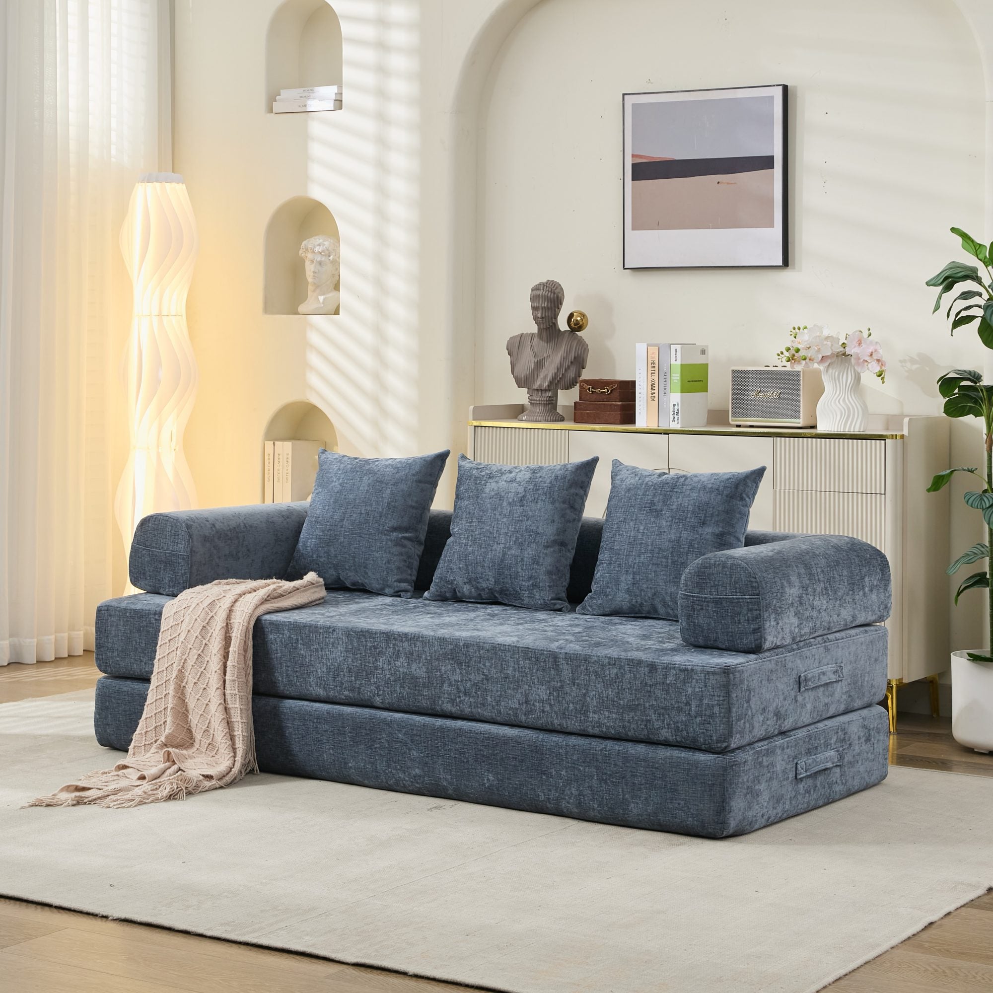 Cómodo Sofá Cama Plegable Convertible, Sofá Cama de Suelo, Sofá de Suelo de Chenille con Reposabrazos, Sofá Lounge de Suelo para Sala de Estar, Dormitorio, Sala de Estar o Estudio-Azul