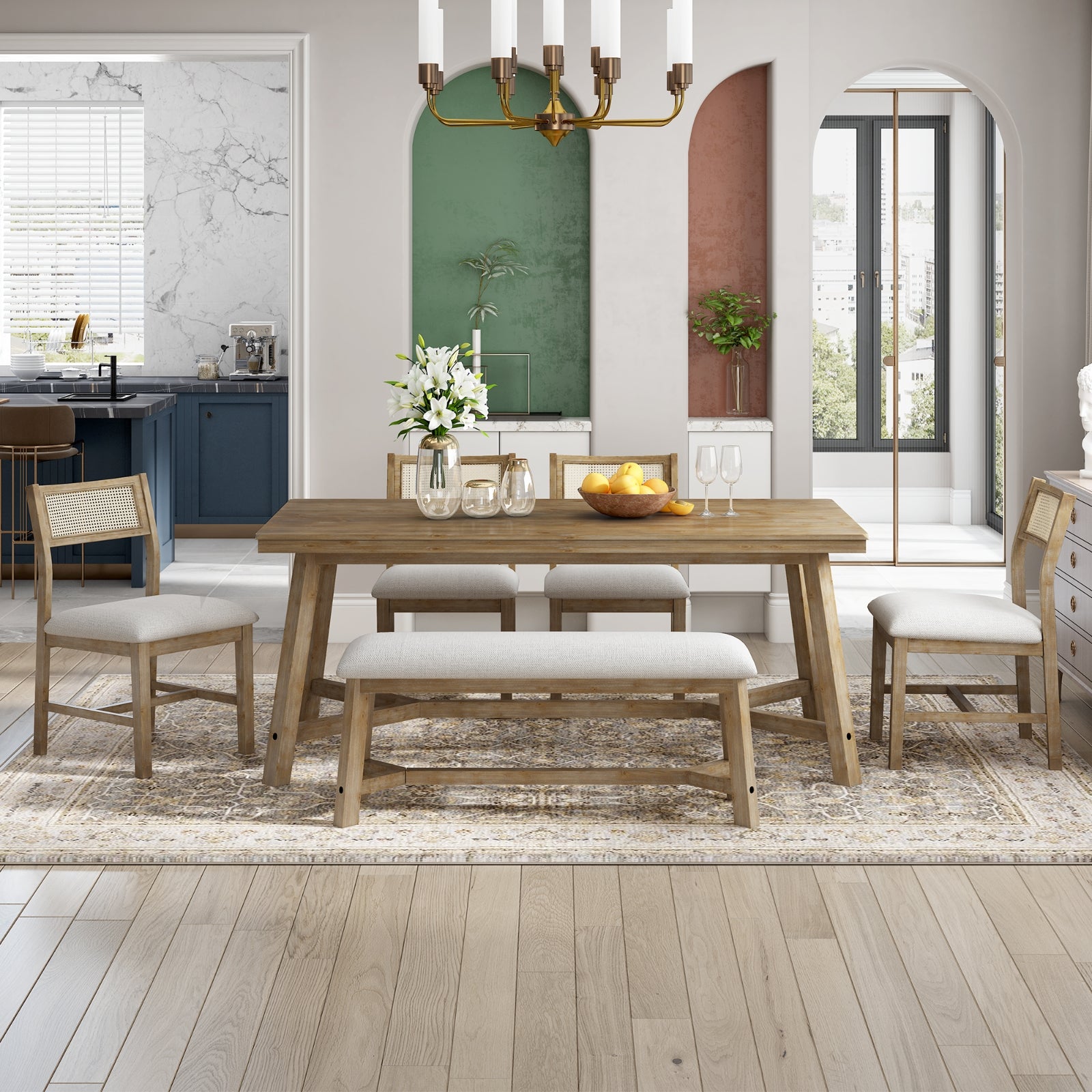 Conjunto de comedor TREXM de 6 piezas en estilo retro farmhouse, mesa rectangular y 4 sillas tapizadas con ratán