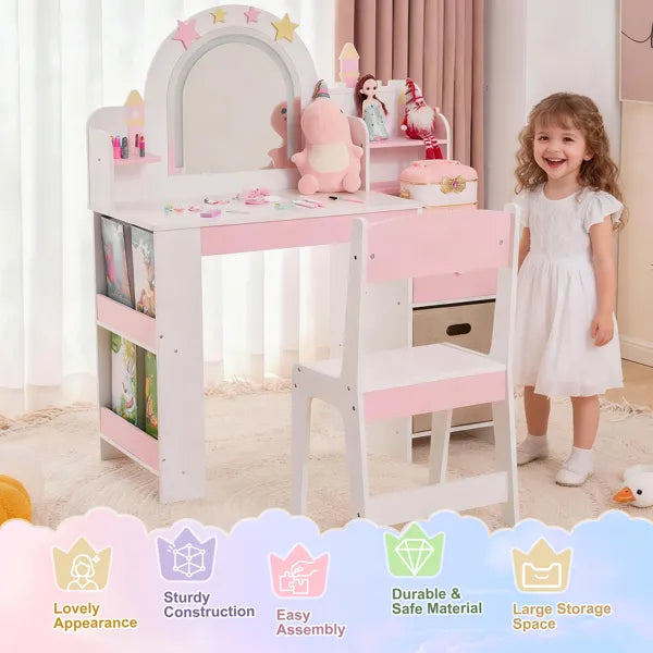 White And Pink Star And Castle Elements; MDF And Particleboard; Spray Paint, Silkscreen Printing, And Melamine Veneer; 1 Drawer, 2 Fabric Drawers, 2-tier Shelf; Children's Dressing Table Set