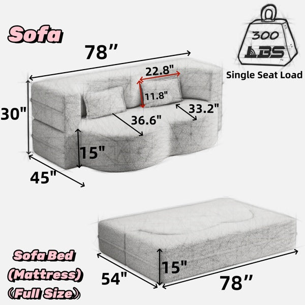 Sofá de Piso Moderno con 2 Almohadas, Sofá Cama Convertible de Terciopelo Acolchado, Colchón Plegable de Tamaño Completo para Sala de Estar, Cama para Invitados, sin Ensamblaje Requerido, Beige