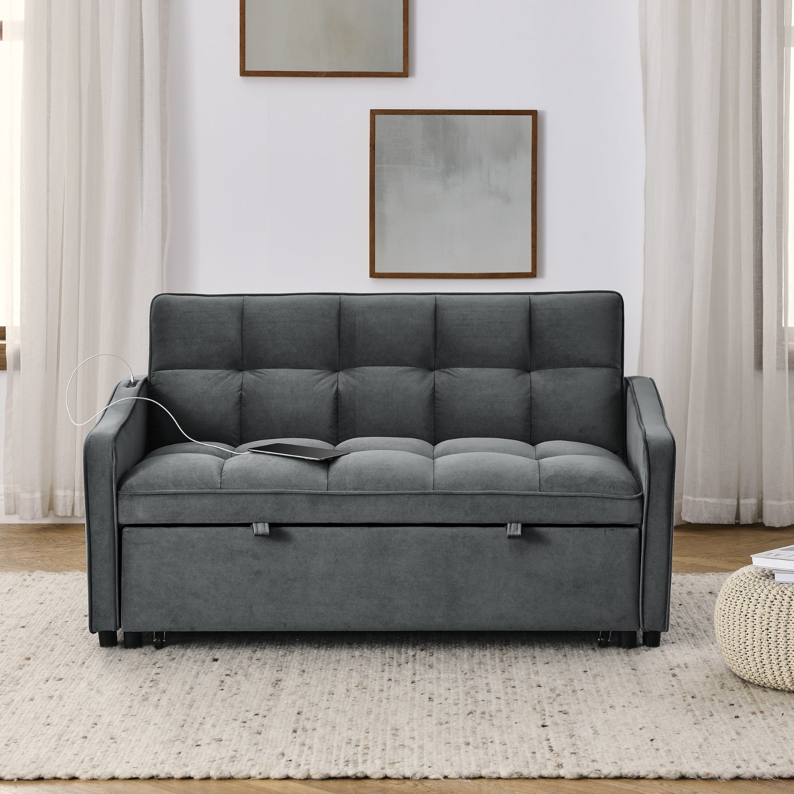 Grey Velvet Sofa Bed Pull-Out Adjustable Back
