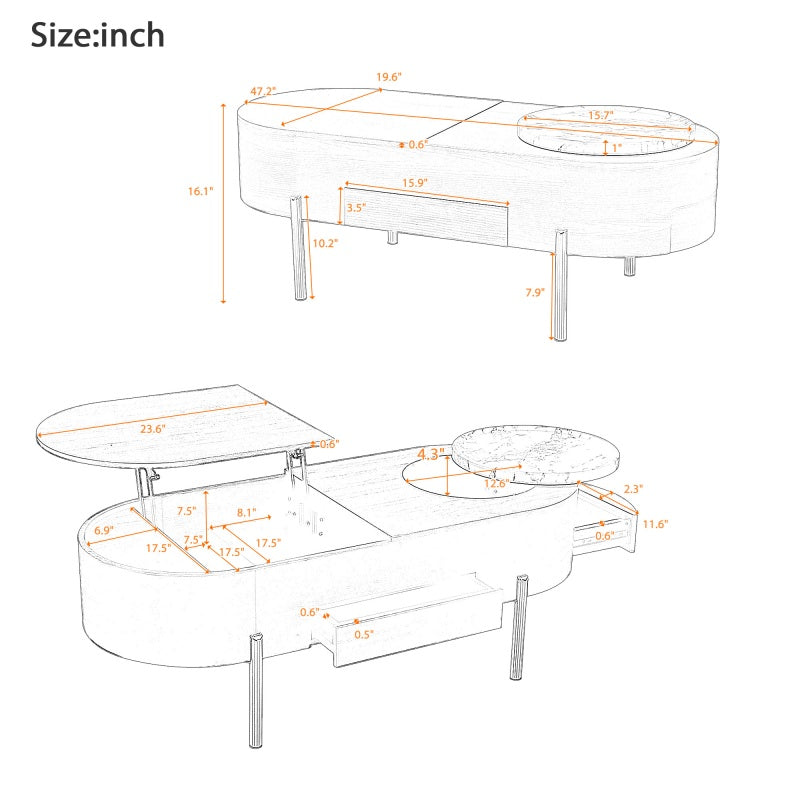 Mesa de café elevable de 47,2 pulgadas con bandeja giratoria de 360 grados con patrón de mármol, tablero ovalado elevable moderno, plataforma prohibida Temu