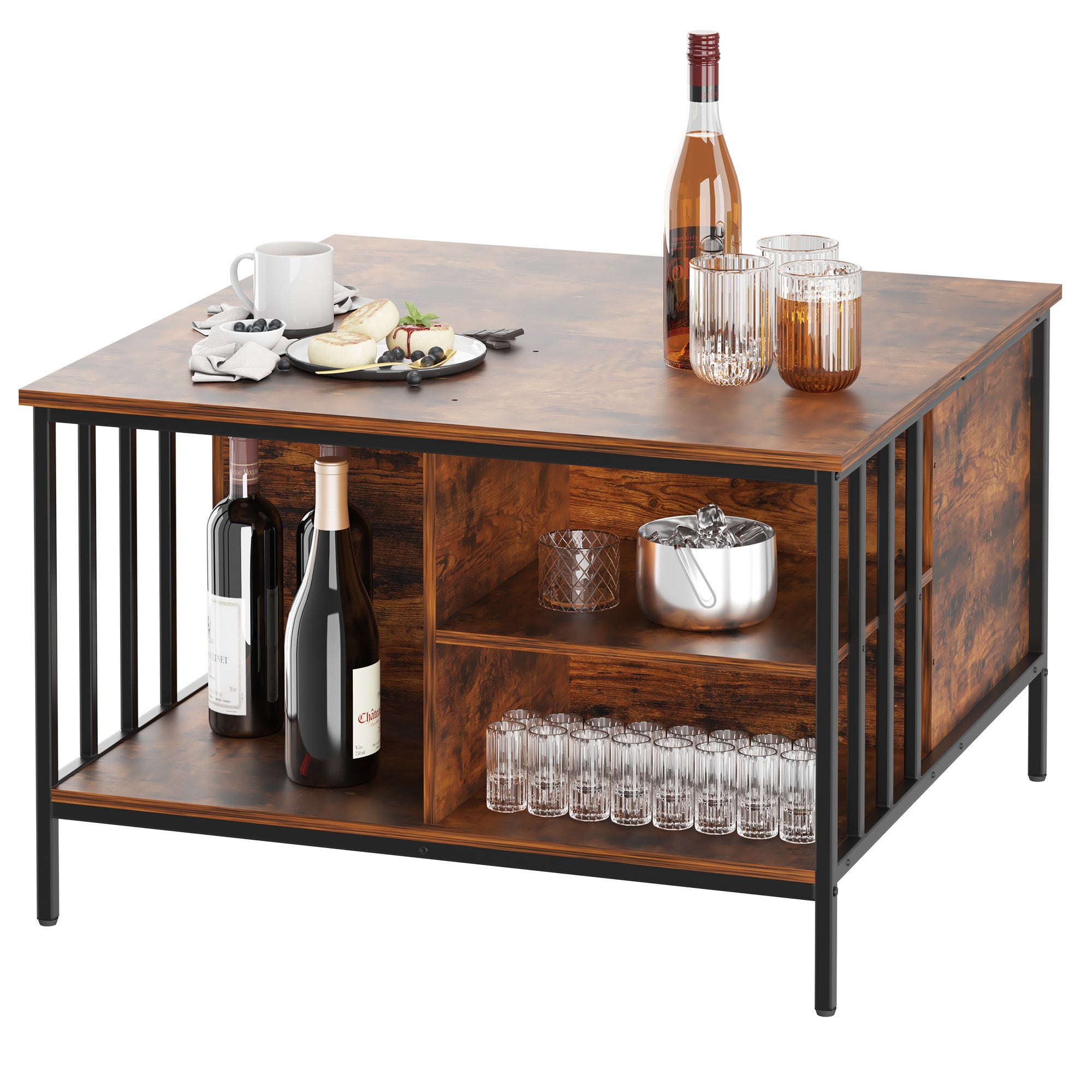 Mesa de Centro Elevable de Estilo Granja con Almacenamiento, Altura Ajustable para Sala de Estar, Centro Multifuncional para la Familia con Compartimento Oculto y 3 Estantes, Capacidad de 110 libras, Fácil de Limpiar