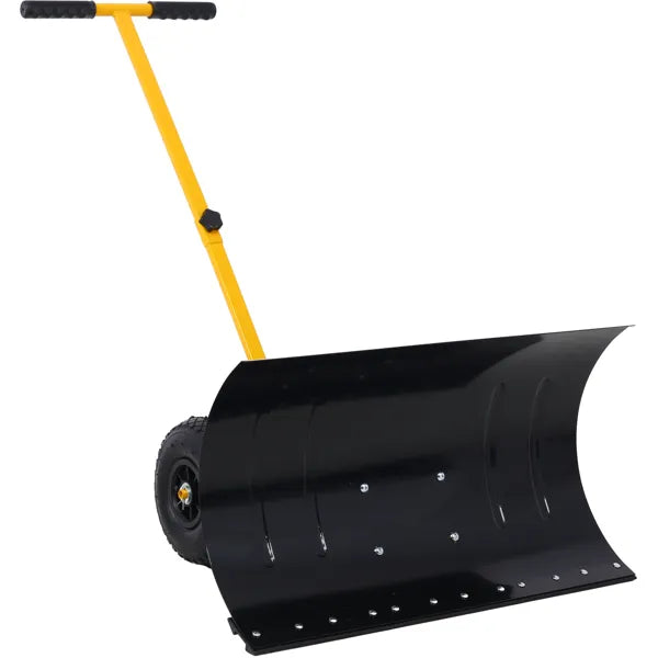 Pala de nieve con ruedas, Empujador de nieve, Mango ajustable con ángulo acolchado Herramienta para remoción de nieve, Cuchilla de 29", Ruedas de 10", Color amarillo